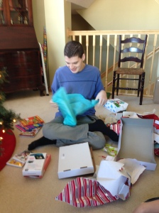 Opening Christmas presents. 